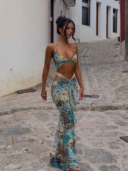 Sexy Leopard Kvinner Halter Lace Up Melani Maxikjole, Mode Åpen Rygg, Utskåret, Ermeløs Bodycon Kjole 2025, Nytt Kvinnelig Strand Party Kjole